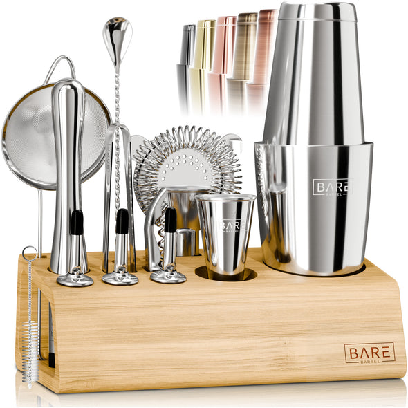 Ensemble Shaker à Cocktail 21 Pièces En Acier Inoxydable - Kit Complet Boston Shaker 750ml Avec Accessoires, Pilon, Doseurs Et Recettes (Argent)
