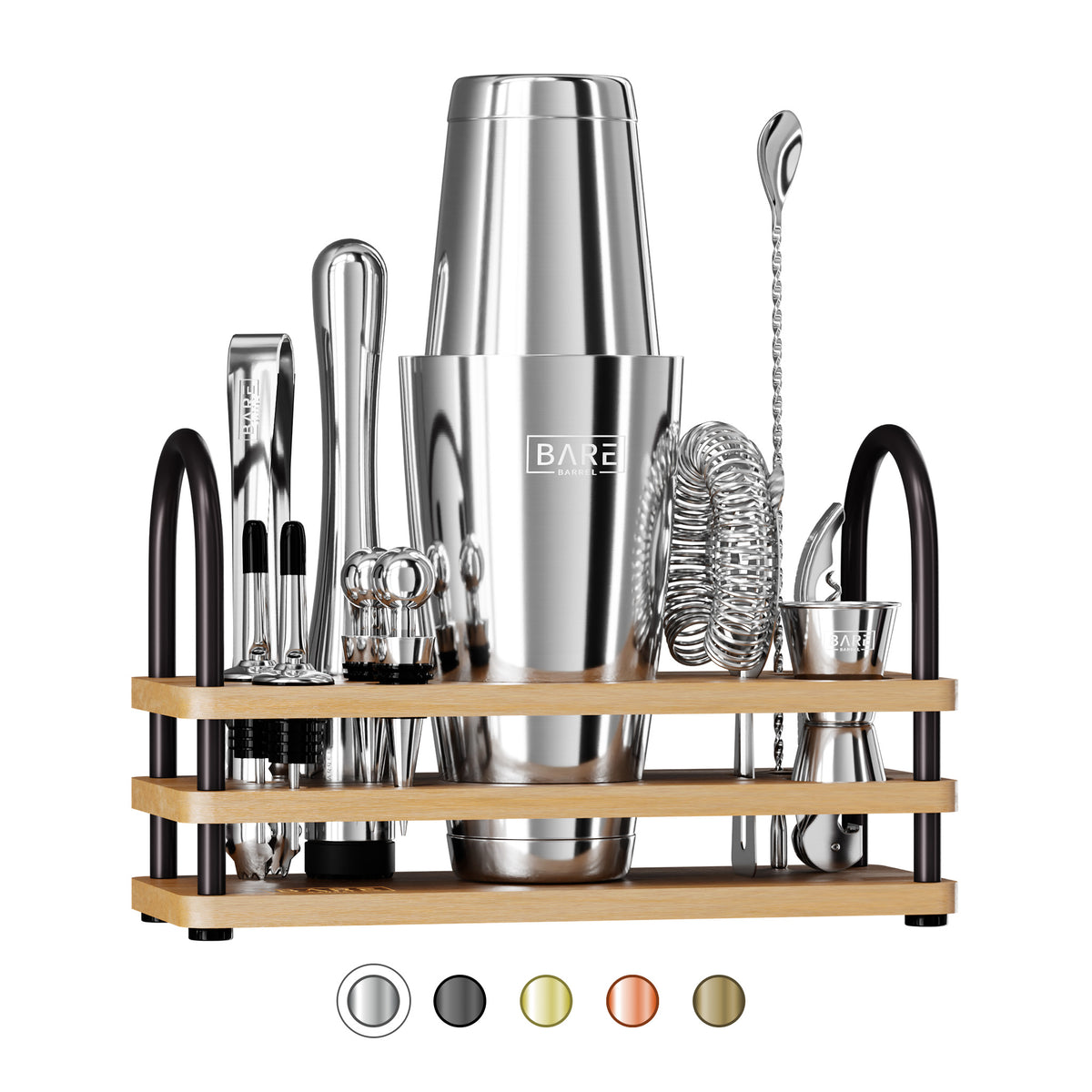Modern Boston Bartender Kit Silver Tools (Natural Bamboo Finish)